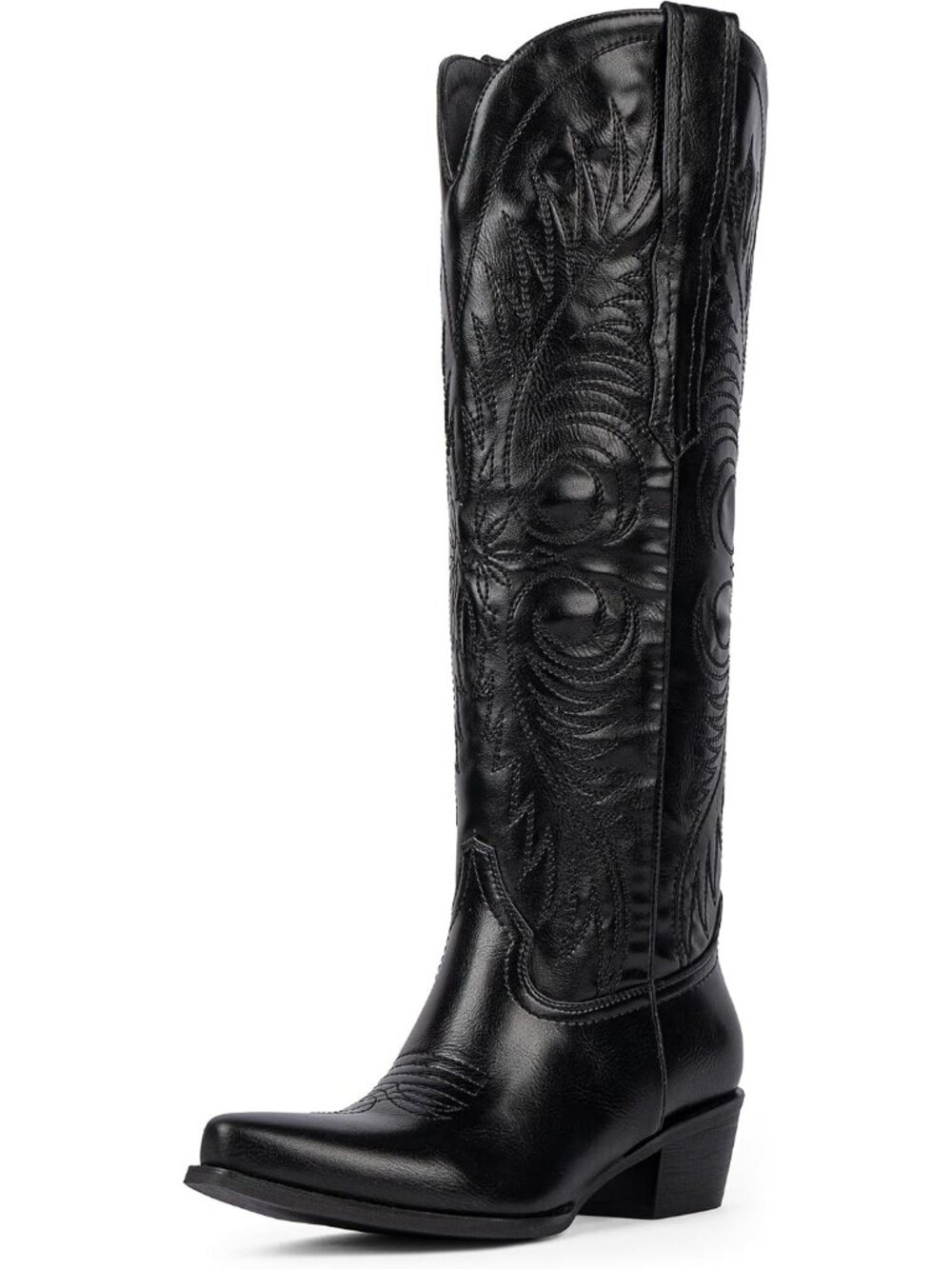 👢Women's Black Pu Knee High Cowgirl Boots Embroidered Pointed Toe Western Boots